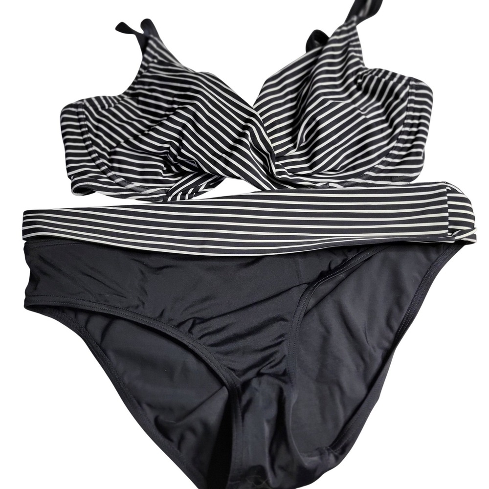 Figleaves Womens Bikini Set Black White Striped Underwire Top 36 F Bottoms 14